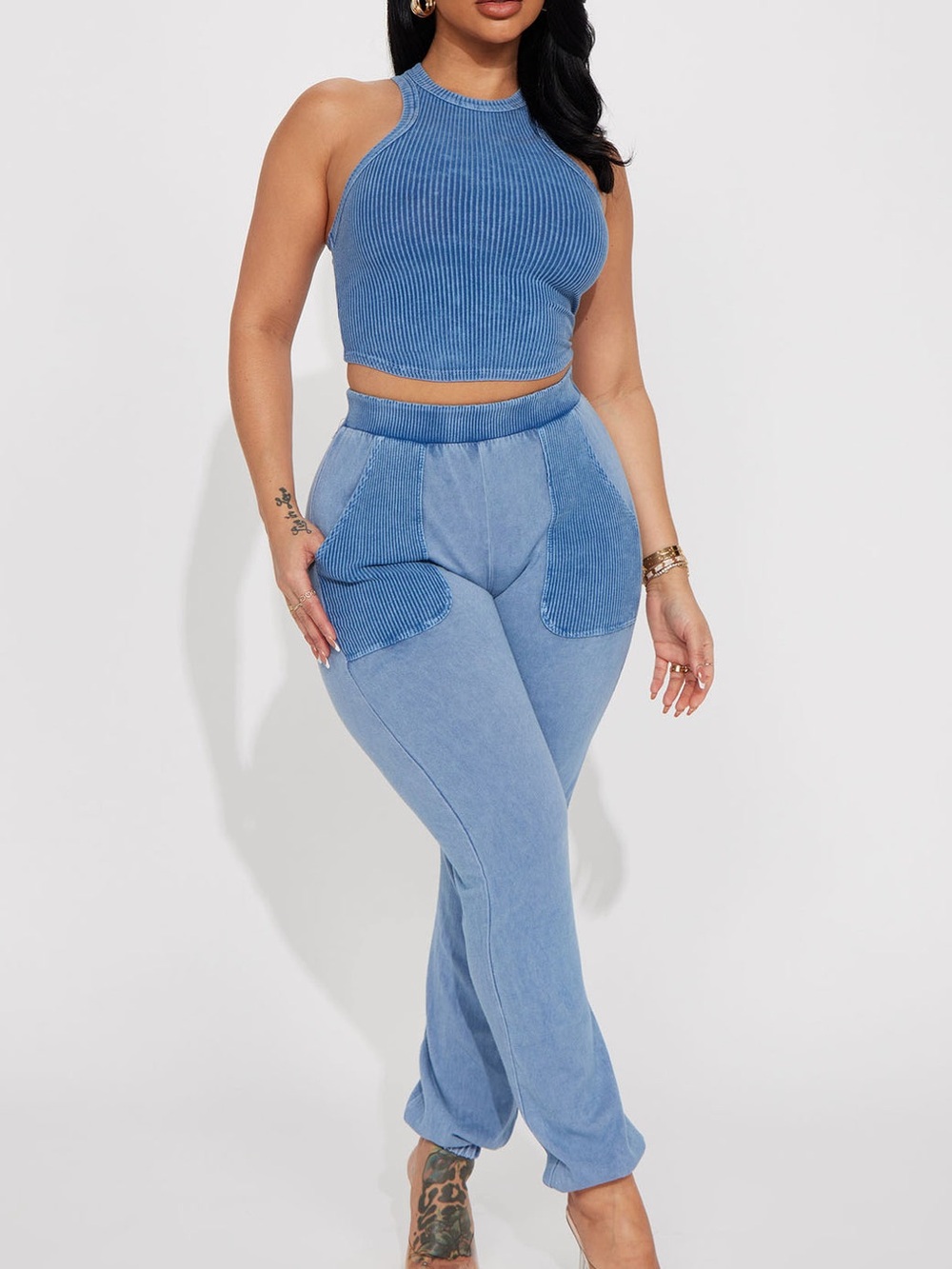 NWOT Fashion Nova Blue Acid Wash Racerback Crop Tank & Joggers Two-Piece Set